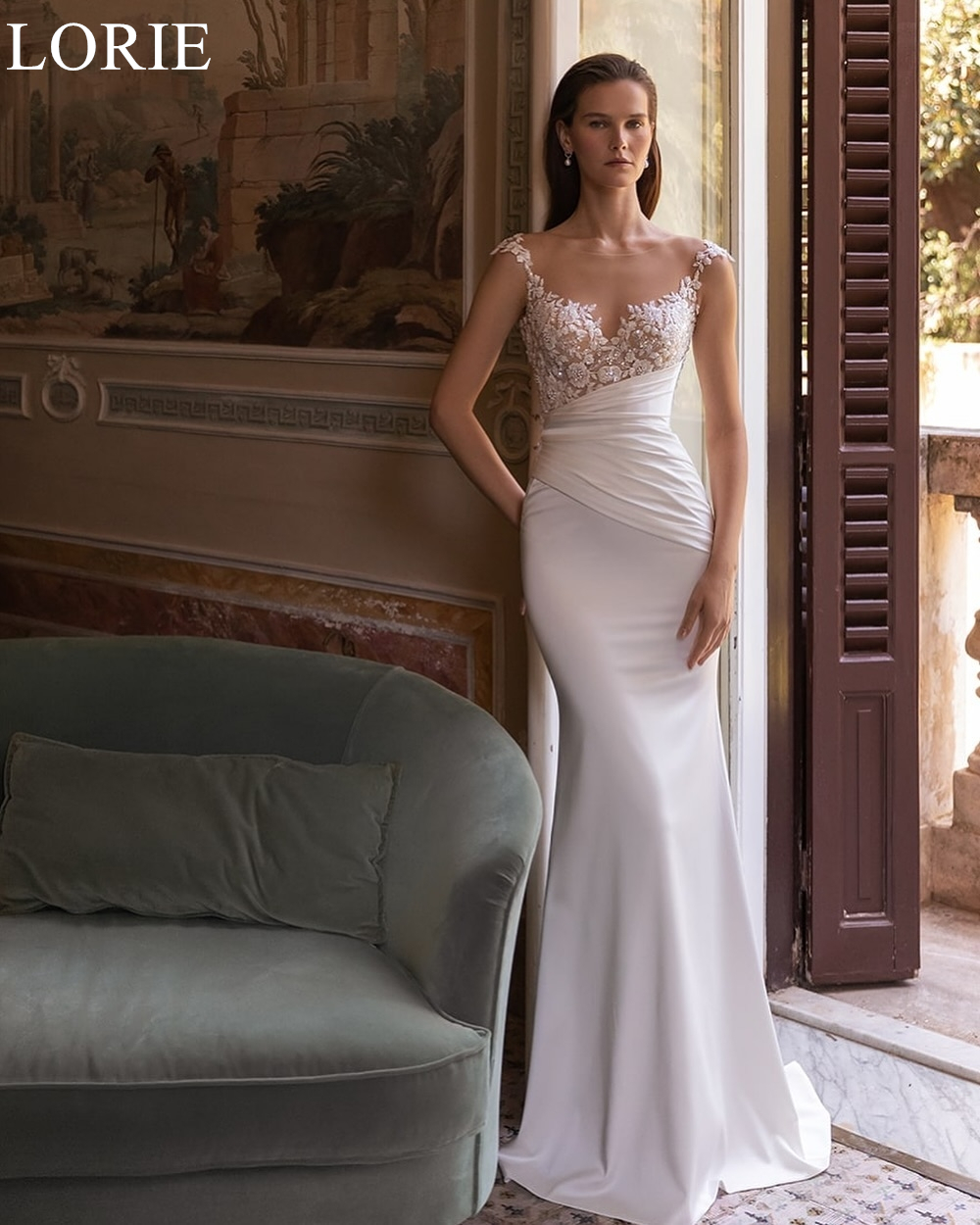 LORIE Elegante Satin Brautkleider Meerjungfrau Scoop Drapierte Abnehmbare Schleppe Braut Abendkleid Spitze Applikationen Brautkleider Angepasst