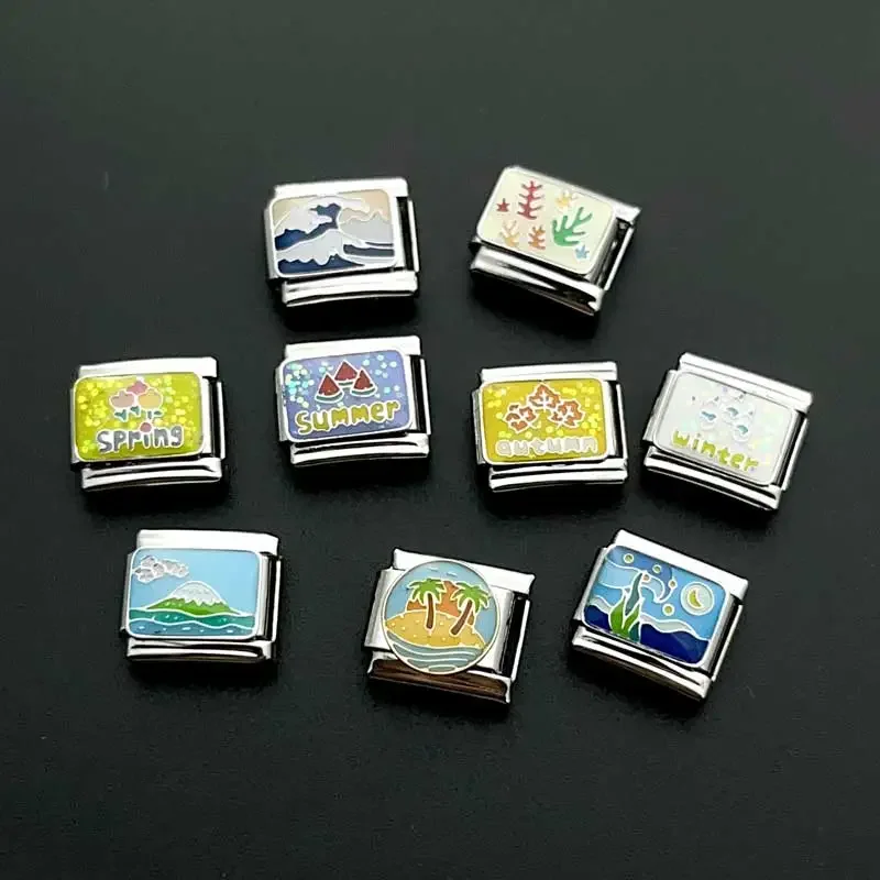 ステンレス鋼のブレスレットチャーム,9mmモジュール,DIY,スプライス,キュートでフレッシュ,惑星の風景,山のジュエリー作りチェーン