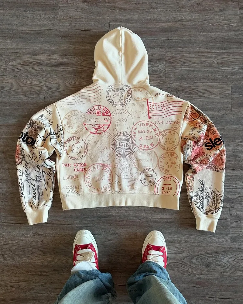 Harajuku marca de moda High Street moda suelta animación impresa cremallera Sudadera con capucha gótico americano hombres Y2k sudadera de gran tamaño mujeres