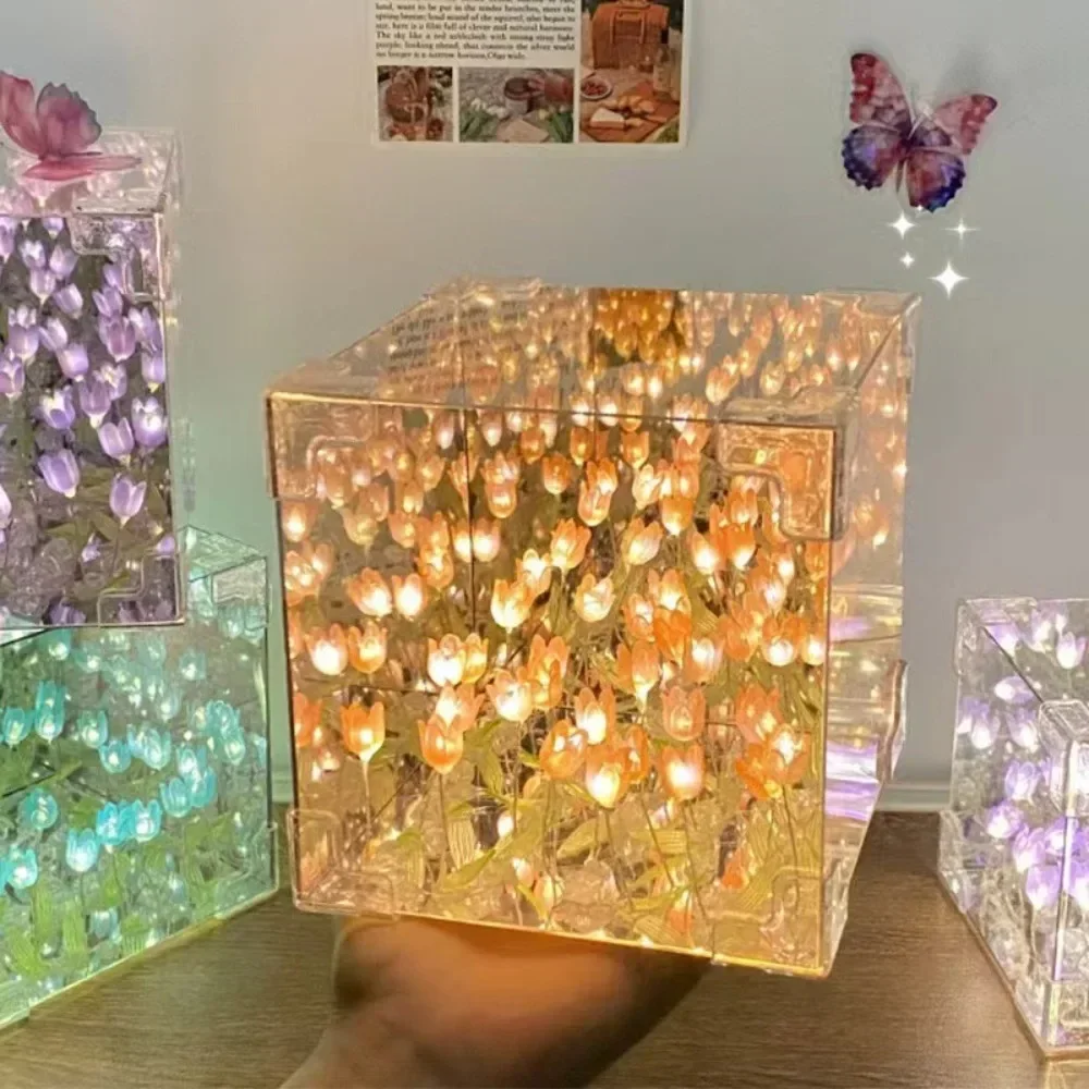 2025New Creativo Fai Da Te Tulipano Fiore Cubo di Mare Tridimensionale Piccola Lampada Da Notte Pacchetto Materiale per Fidanzata Coppia Fidanzate