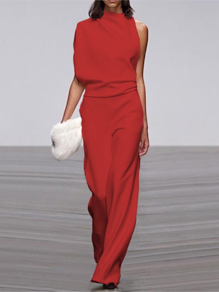 2024 verão nova cor sólida sem mangas gola macacões moda feminina temperamento elegante senhora viajando sem costas macacão