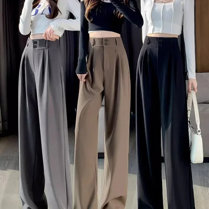 2024 frauen Chic Designer Anzug Hosen Dame Breite Gerade Bein Doppel Taste Arbeit Täglichen Hosen Dame Koreanischen Stil Hohe Taille hosen