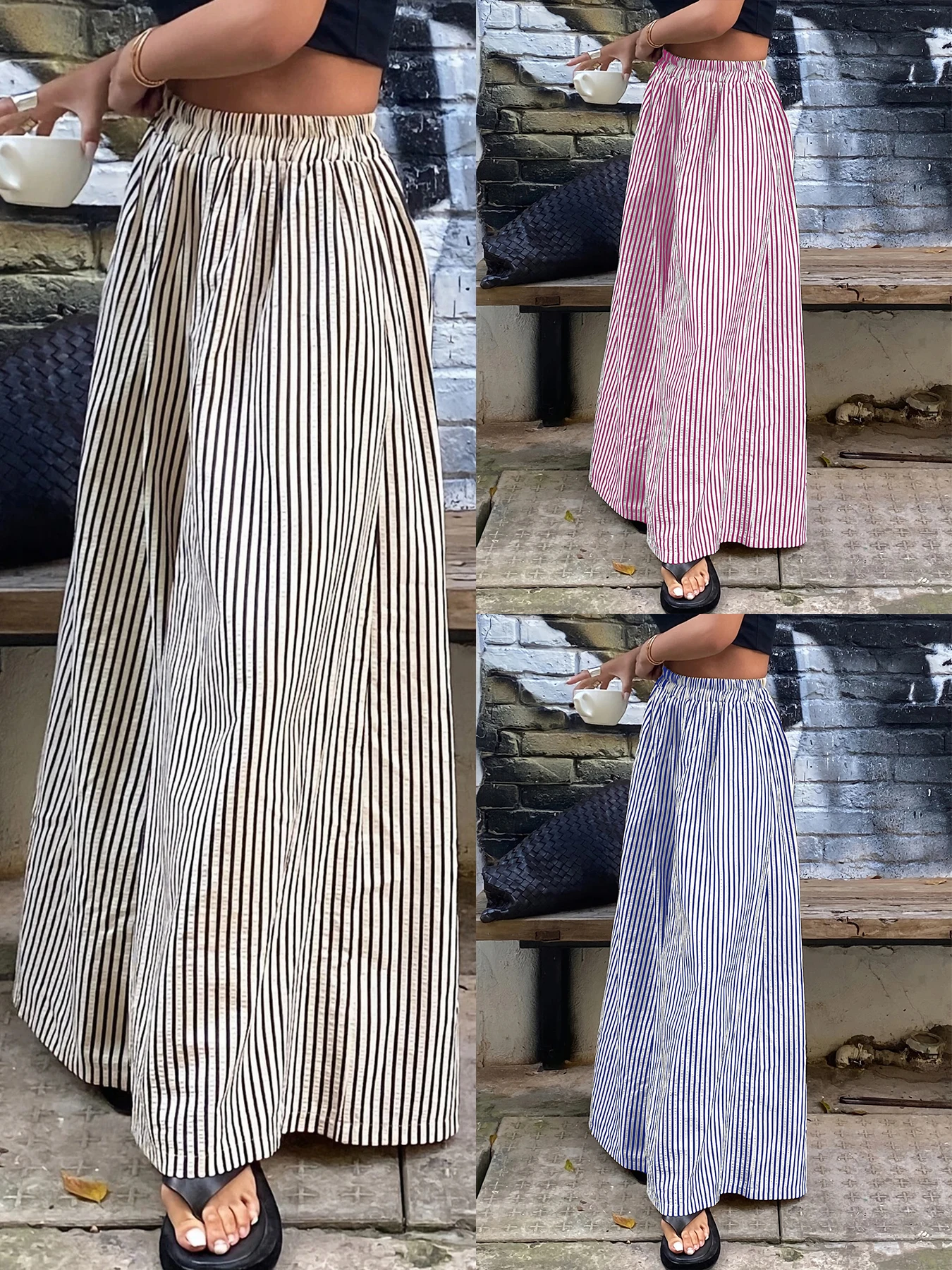 Plus size Europa en de Verenigde Staten grensoverschrijdende lente en zomer gestreepte broek met elastische taille en wijde pijpen