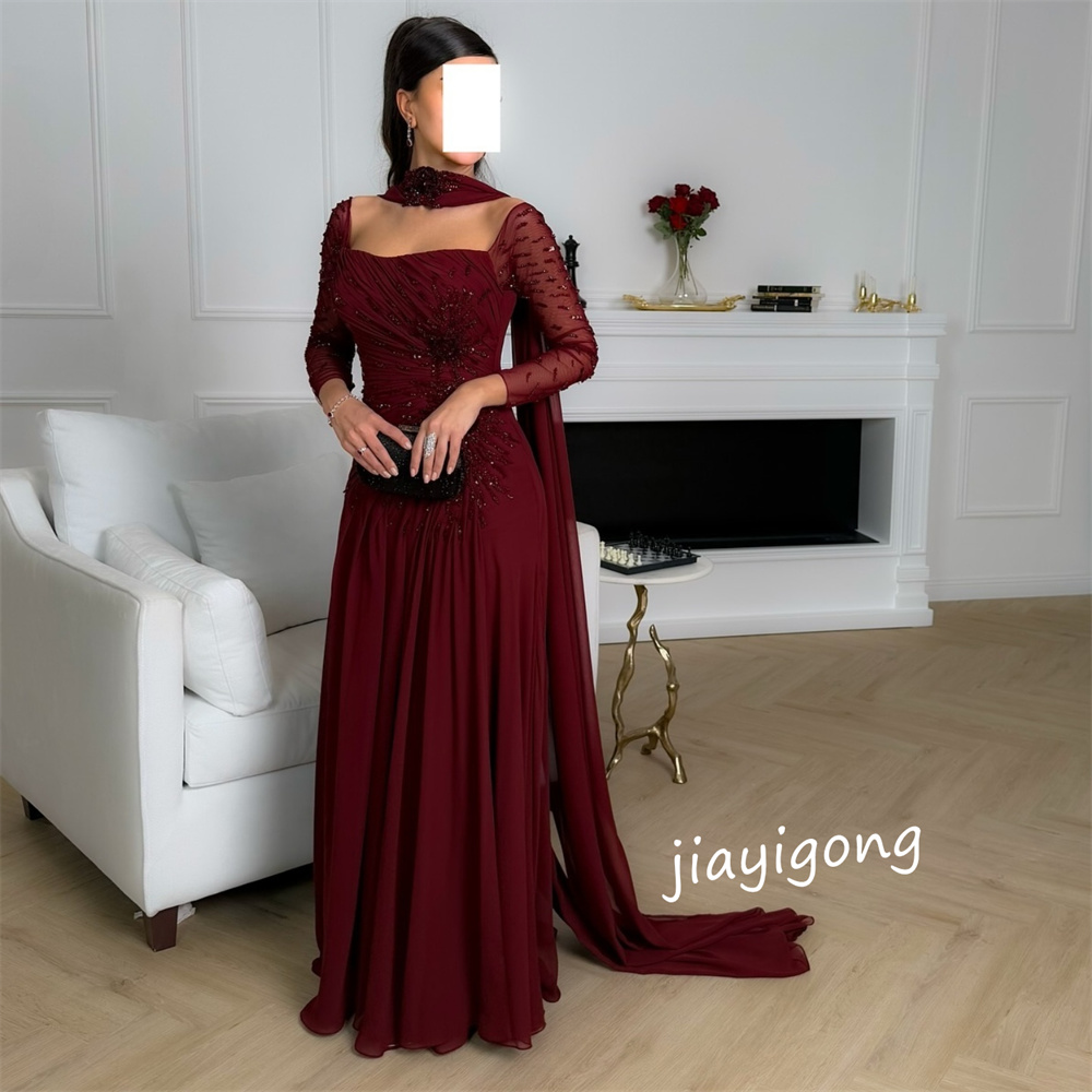 Maßgeschneiderte, exquisite Chiffon-Falten-A-Linie mit quadratischem Ausschnitt, lange Kleider, maßgeschneiderter Anlass, Party, eleganter, moderner Stil