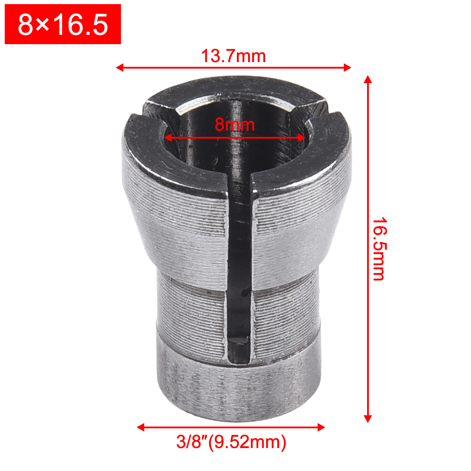 Adaptador de mandril de pinza, 8mm, 16,5mm, para grabado, recorte, fresadora, enrutador, cortador, fresa, herramientas de carpintería, 1 ud.