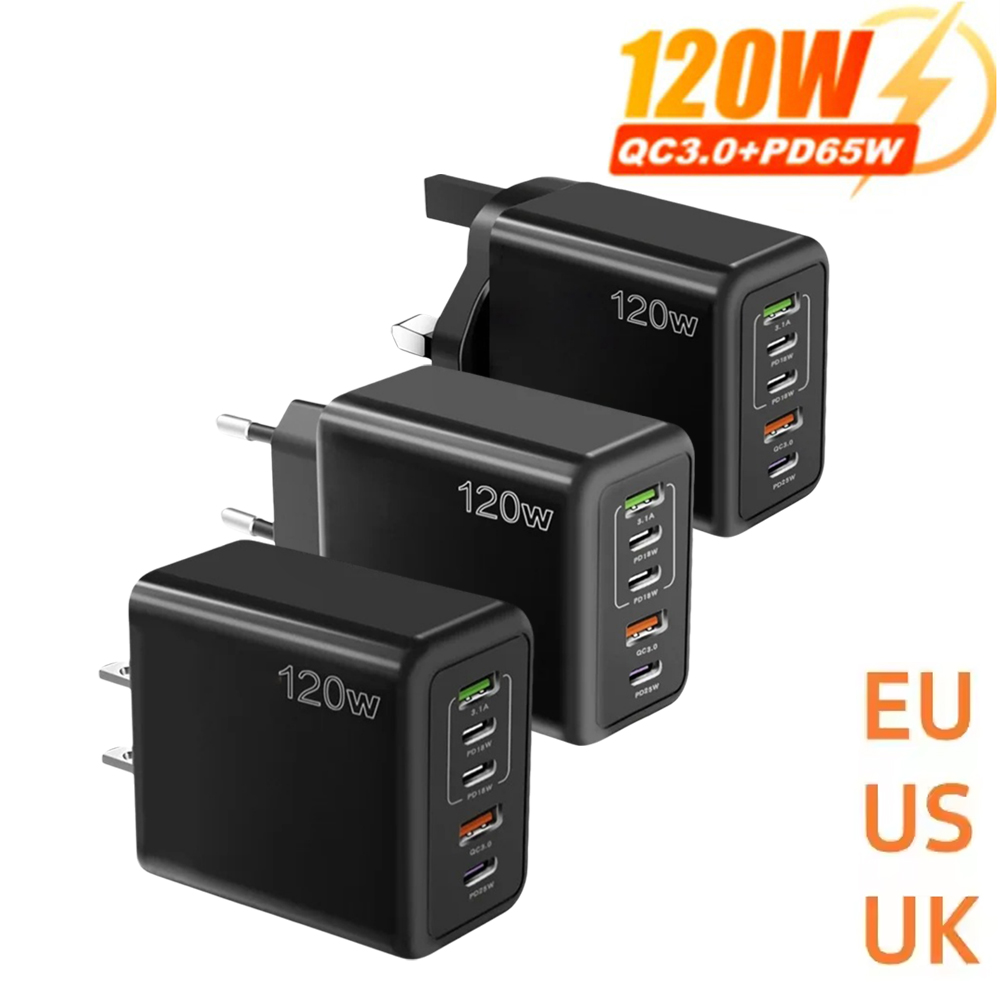 5 Ports Total 120W USB PD Charger For Phone Type C USB Fast Charging Mobile Phone Wall Adapter For iPhone Samsung Xiaomi Huawei