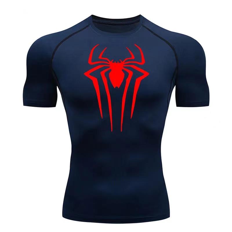 เสื้อรัดรูปพิมพ์ลายแมงมุมสำหรับฤดูร้อน2024ใหม่เสื้อกีฬาแขนสั้นแห้งเร็วเสื้อกีฬา