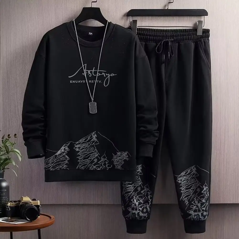 Taschen Jogginganzug Herren Mountain Print Lässiges Trainingsanzug-Set mit O-Ausschnitt Sweatshirt Joggerhose für Herbst Winter Herren