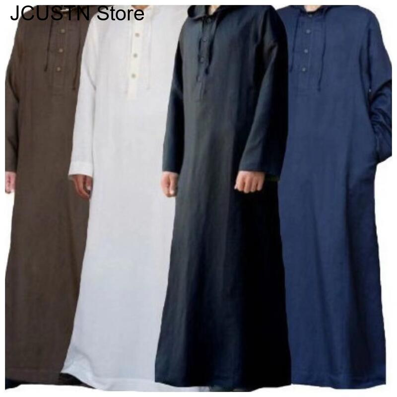Männer Baumwolle Muslimischen Robe Saudi-Arabien Juba Islamischen Kafatan Mit Kapuze Lose Robe Hemd Taste Tasche Robe Arabisch Tuch Bigsize 3Xl 4Xl