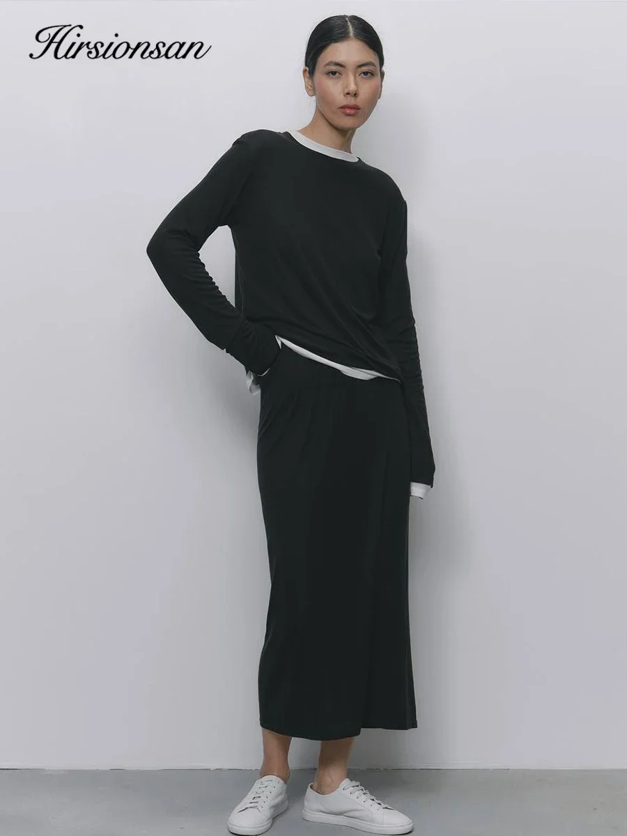 Hirsionsan-Conjuntos sueltos y suaves de Modal para mujer, camisetas informales de dos piezas de manga larga y vestidos de cintura alta, chándal, 2025