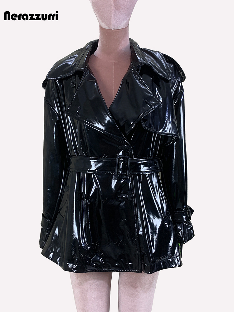 Nerazzurri Lente Herfst Oversized Dunne Glanzende Reflecterende Lakleer Trenchcoat voor Dames Double Breasted Europese Mode