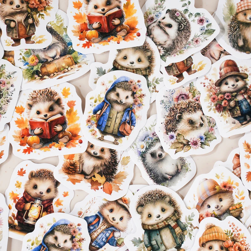 46 Uds. De pegatinas adhesivas de papel pequeñas de erizo de dibujos animados, decoración estética DIY para niños, papelería, álbum de recortes, suministros escolares