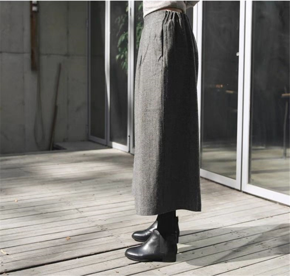 Calça feminina de saias largas, solta, lã, plissada, casual, calça reta, elástica, cintura alta, gorda, outono, inverno