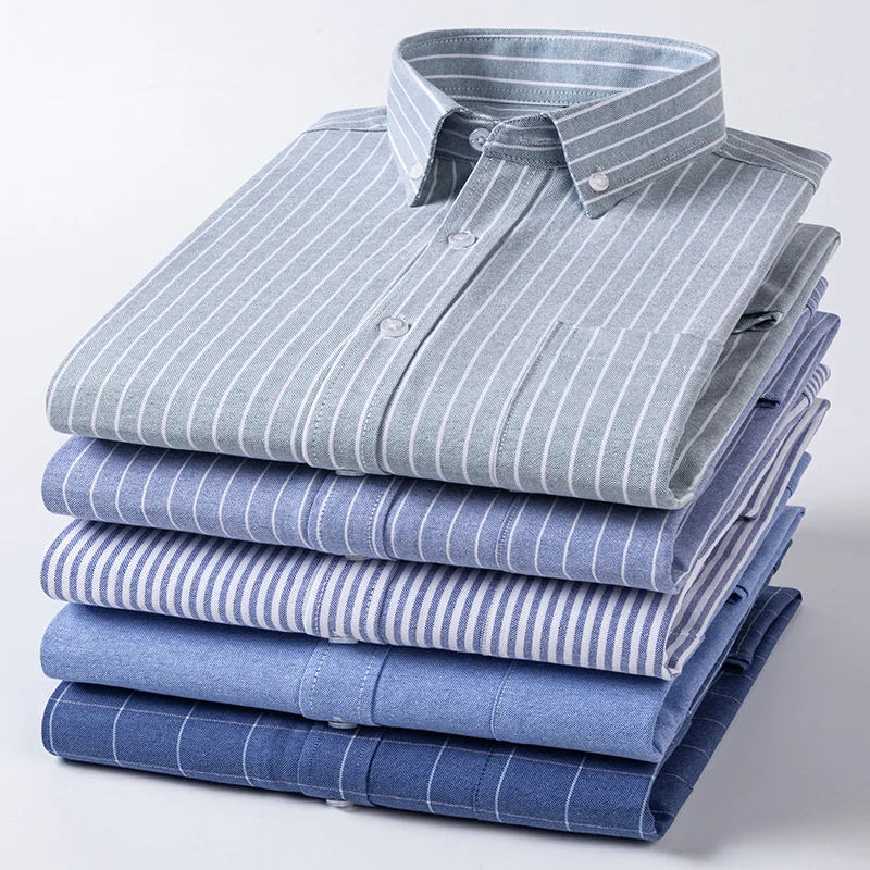 100% Cotton Oxford Men Striped Plaid Shirts Male Business Casual High Quality Long sleeve Shirt for Men Button Shirt 6XL 7XL