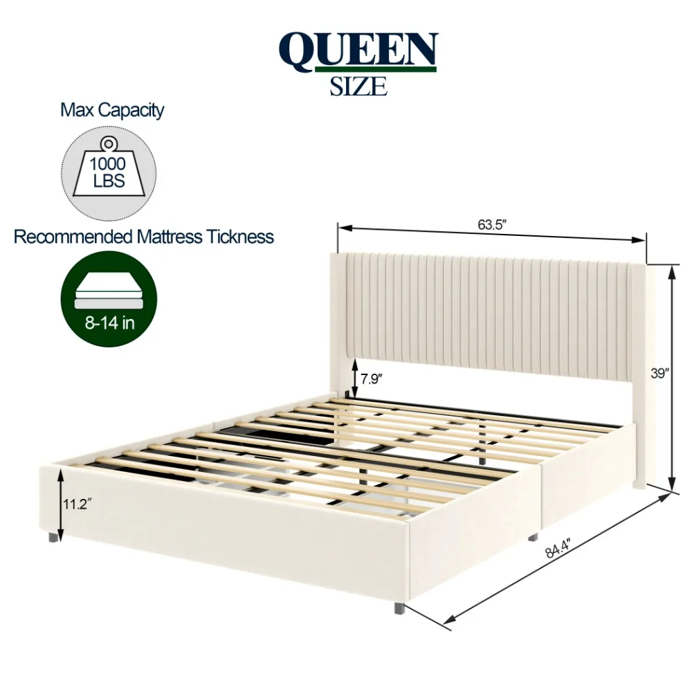 Queen Size Platform Bed with 2 Storage Drawers, Upholstered Velvet Wingback Headboard, Wooden Slat Support, No Box Spring Needed