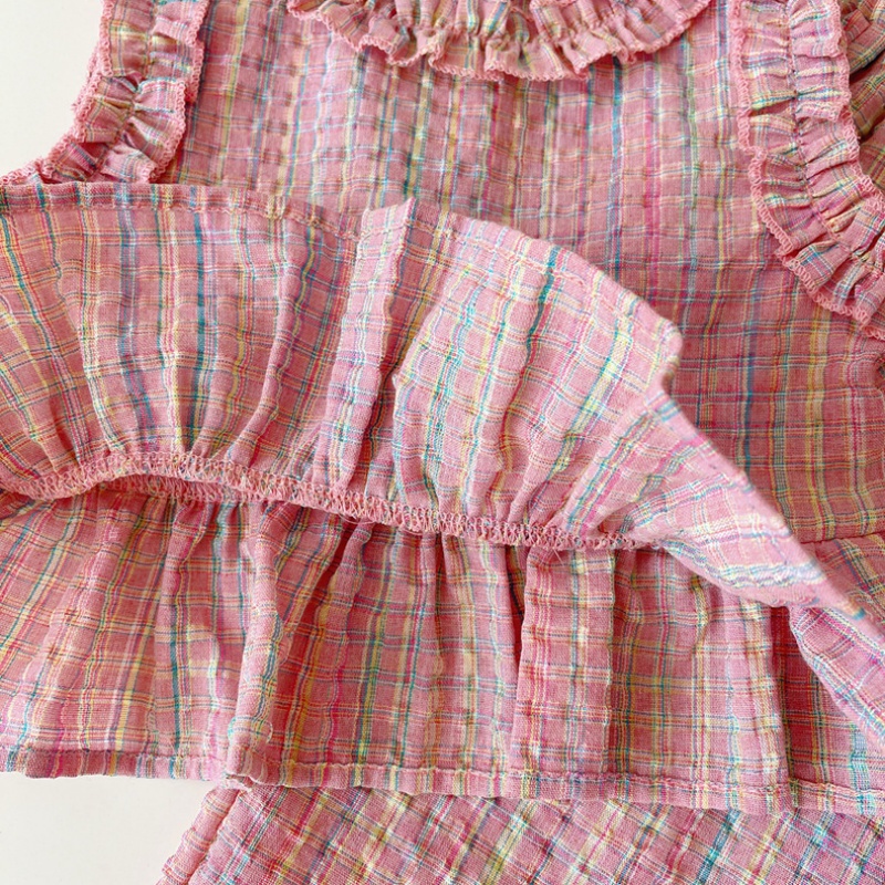 2 개/대 아기 소녀 세트 여름 핑크 체크 무늬 코튼 민소매 탑 긴 바지 의상 아기 귀여운 소녀의 해변 세트