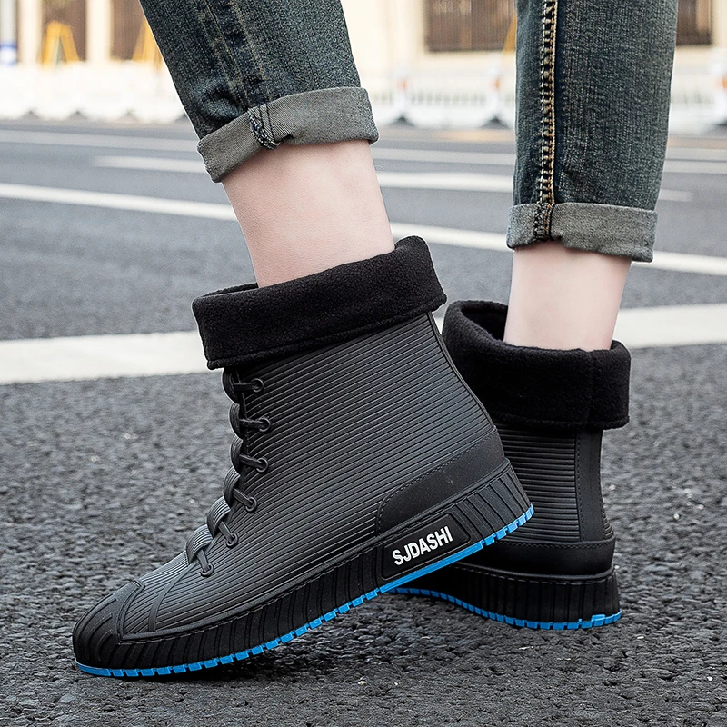 Versátil casual de cano curto sapatos impermeáveis homens mulheres forrado com lã calor antiderrapante resistente ao desgaste ao ar livre botas de chuva