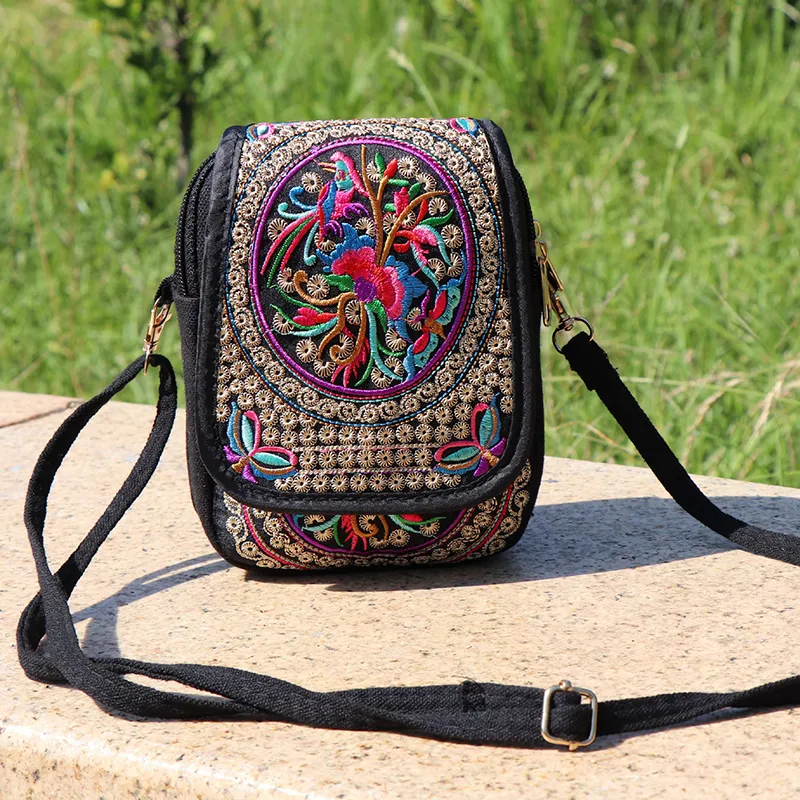 1PC 刺繍国家スタイル布バッグウエストバッグ斜めスパンショルダーコインミニ財布キャリー垂直正方形