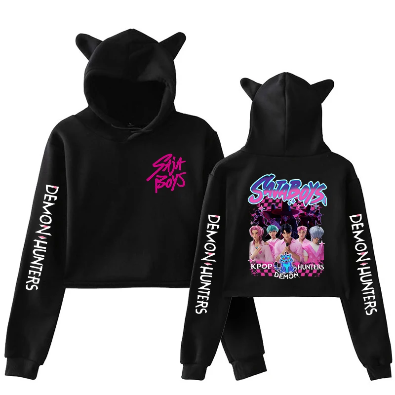 Women Cat Ears Crop Tops Hot Kawaii Kpop Demon Hunters Hoodie Sweatshirt Kids Boys Girls Harajuku Streetwear Clothes Cropped