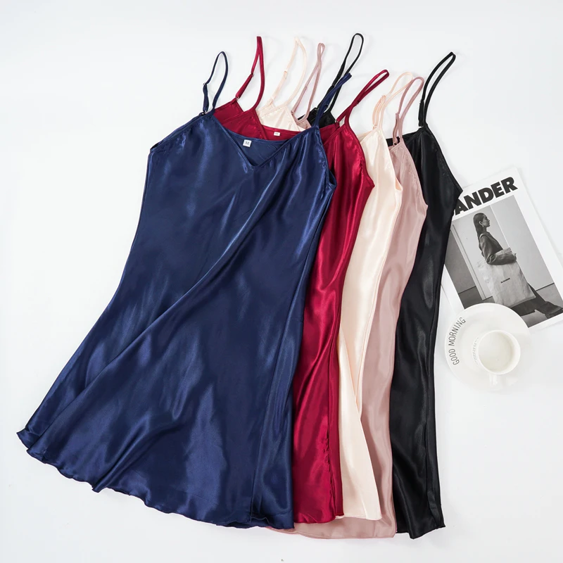 Vestido de noite de cetim de seda sexy feminino sem mangas camisola com decote em v camisola plus size pijamas