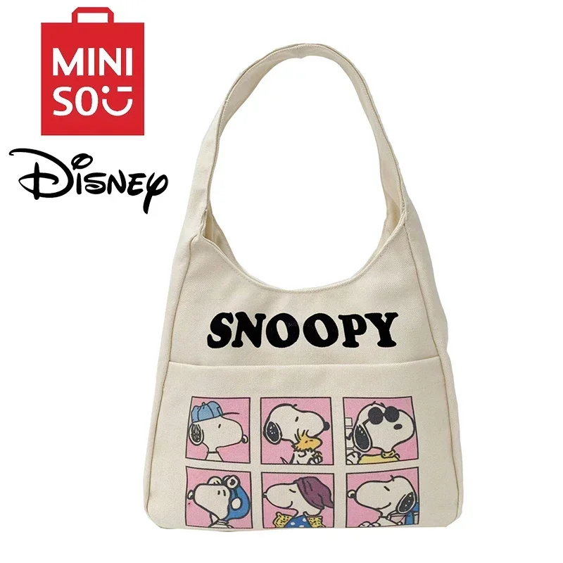 MINISO Disney Serie Cartoon Lässige Canvas-Tasche Niedliche Snoopy-Umhängetasche Bedruckte Unterarmtasche Modische Handtasche mit großer Kapazität