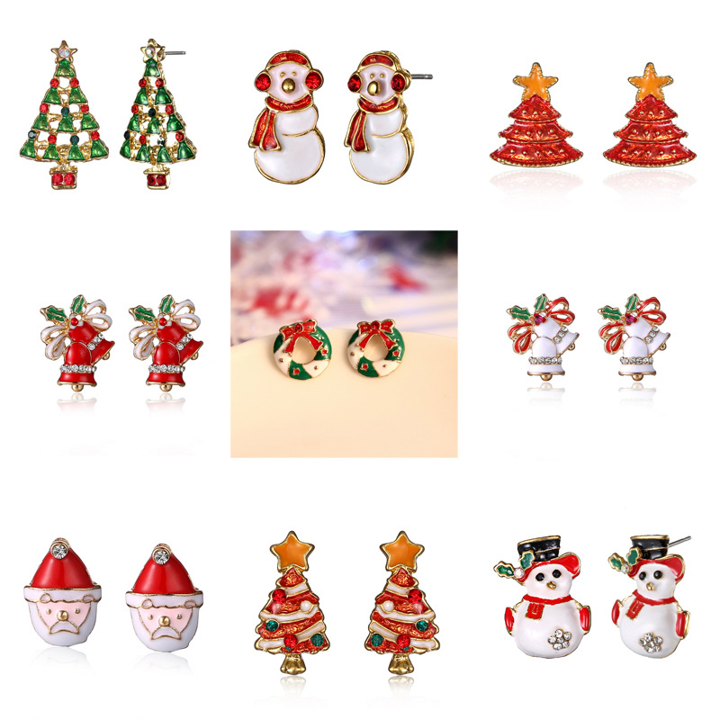 1Set perhiasan elemen Natal terlaris anting Natal anting pohon Natal rusa besar anting kartun lonceng Santa Claus anting-anting