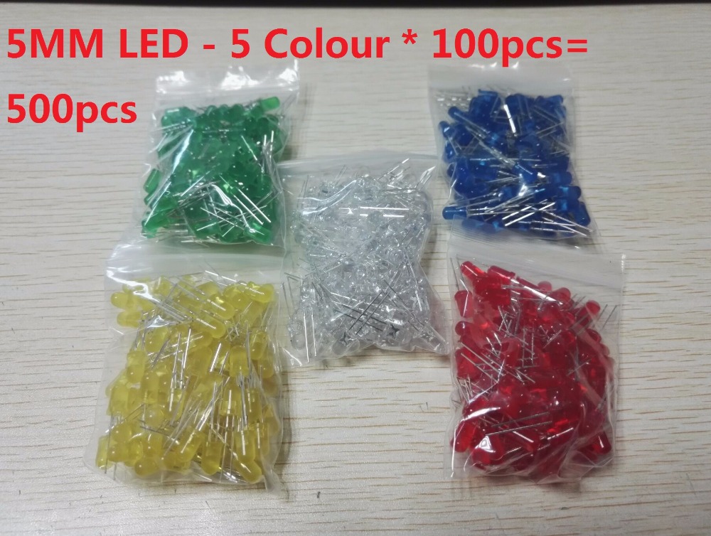500 ชิ้น/ล็อต 3 มม.5 มม.ชุดไดโอด LED สีผสมสีสีแดงสีเขียวสีเหลืองสีฟ้าสีขาว F3 F5 5 ค่า Assorted Assortment ชุด DIY ชุด