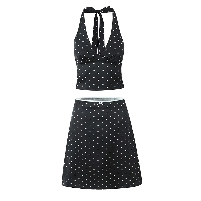 YENKYE 2025 ผู้หญิงวินเทจสีดําสีขาว Polka Dot A-Line เข่าความยาวกระโปรงเซ็กซี่ต่ําเอววันหยุดฤดูร้อนกระโปรง