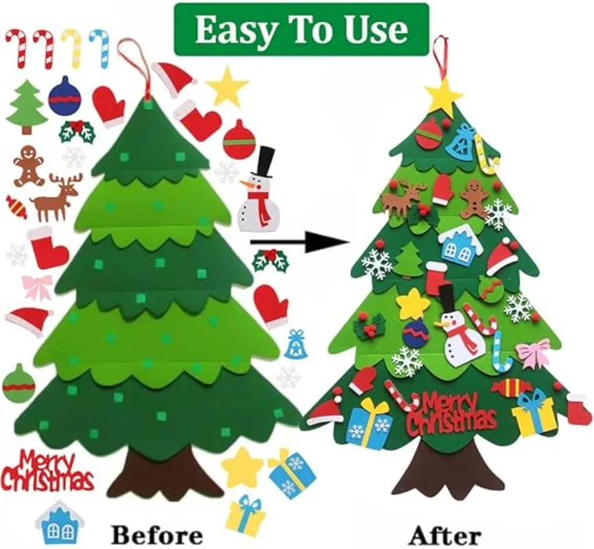 Presentes de árvore de natal de feltro para crianças pequenas com luz de corda led, suspensão de parede de 3.2 pés árvore de natal diy 32 ornamentos decoração de casa
