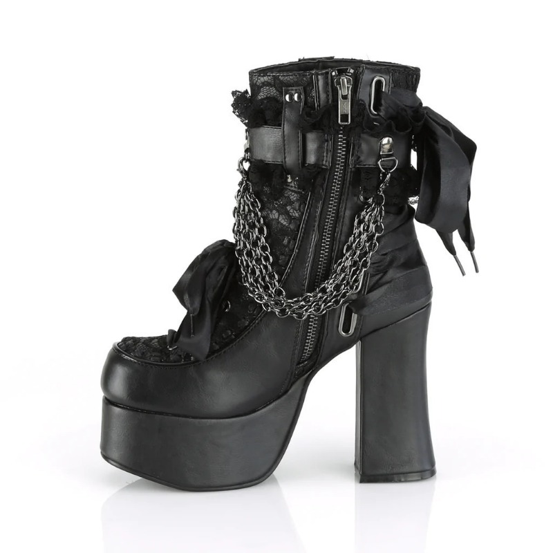 Botas cortas con lazo y cadena de estilo gótico para mujer, botines con plataforma gruesa y tacón cuadrado con punta redonda Retro, zapatos de fiesta Punk para mujer