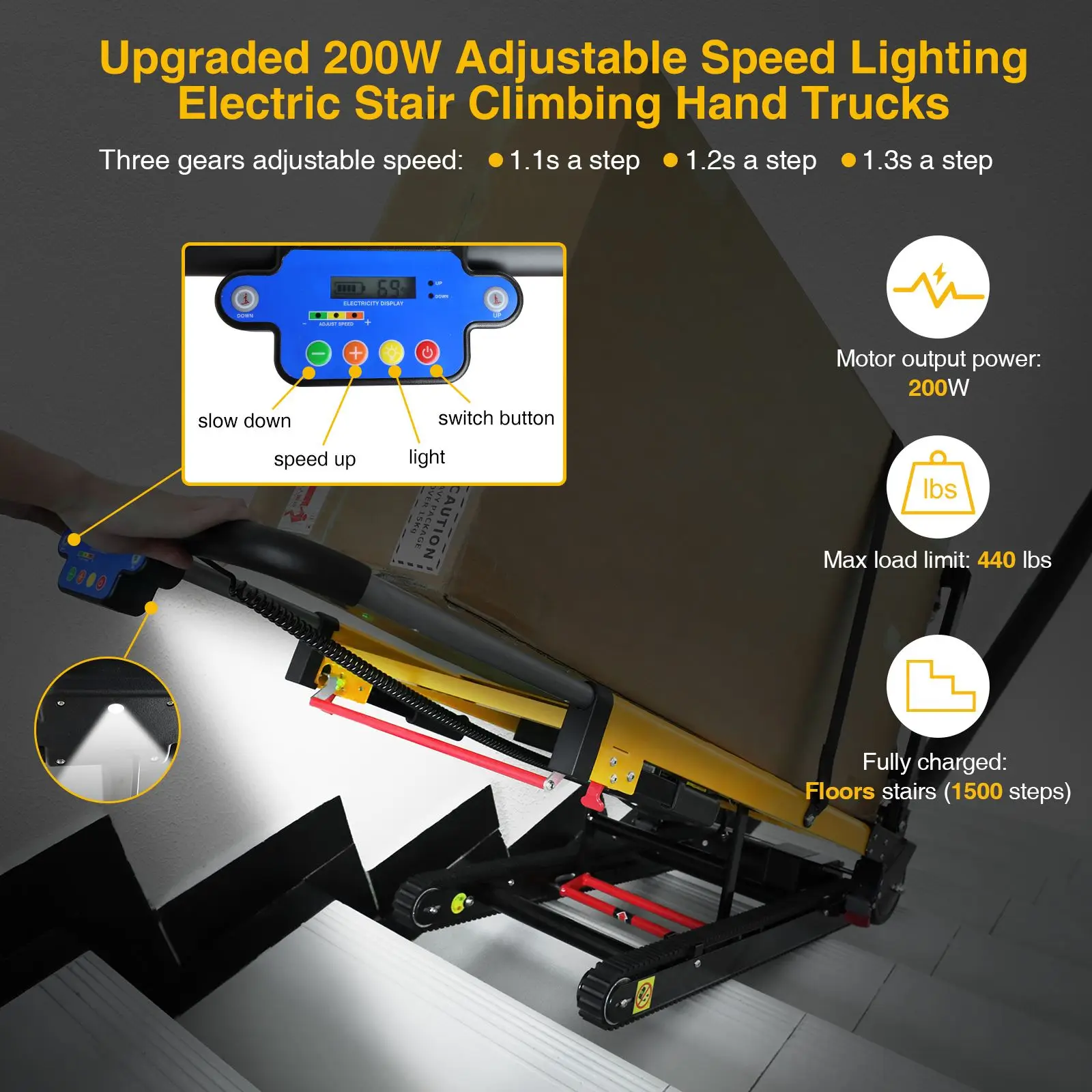 Electric Stair Climbing Dolly with 3 Adjustable Speeds and 440lbs Max Load Capacity, Folding Stair Climbing Dolly Rubber Tracks
