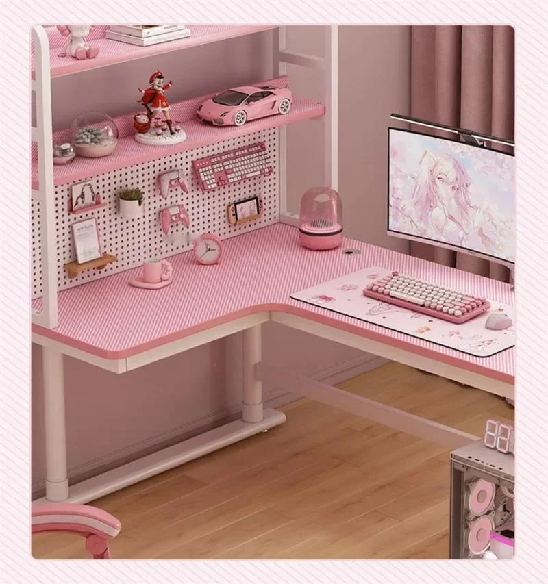 Mesa integrada do computador Desktop para meninas, mesa De Estudo De Fibra De Carbono, Pink Móveis De Escritório, Desktop Bookshelf