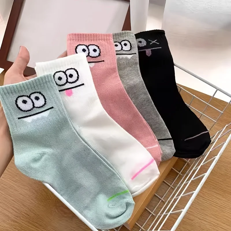 5/10 pares de calcetines tobilleros con estampado de expresión bonita para mujer, calcetines cortos cómodos interesantes de tubo medio para primavera y otoño, calcetines cortos Kawaii para niñas