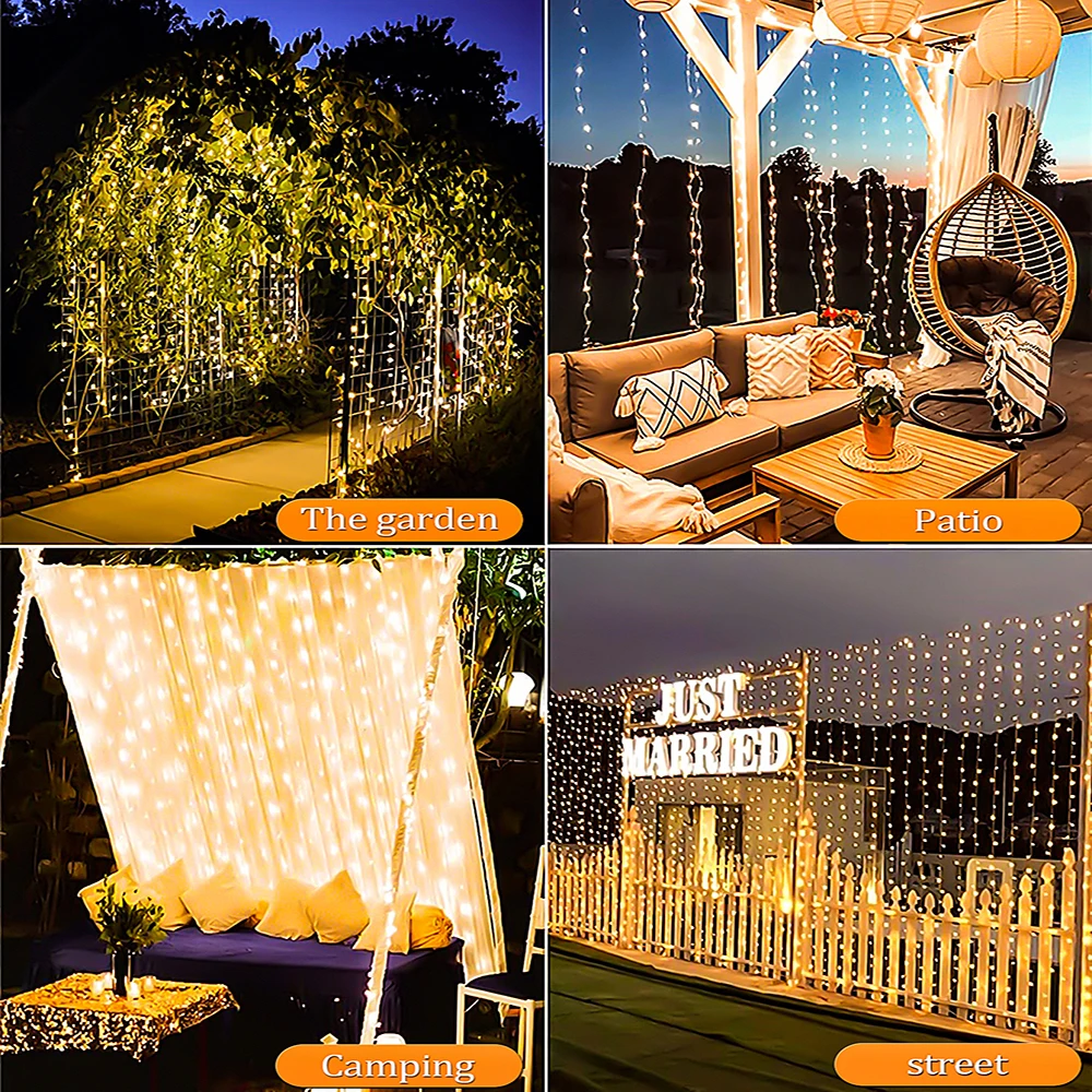 กลางแจ้งพลังงานแสงอาทิตย์ม่านแสง 300LED กันน้ํา String ไฟ Garden Yard Pavilion Fairy Garland String ไฟตกแต่งวันหยุด