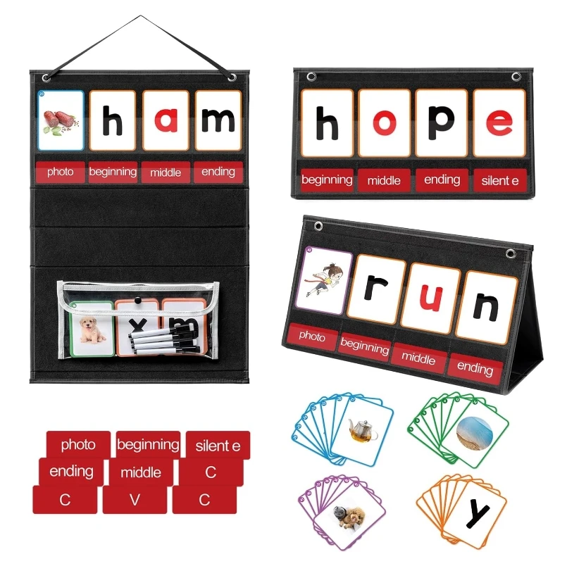 CVC Word Building Pocket Chart with 107 Flash Cards for Kindergarten Classroom CVCC Phonics Games Desktop Organization Essential