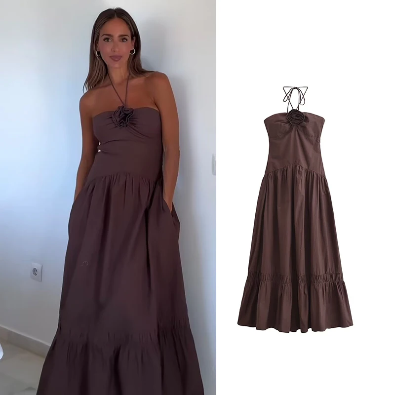 Dresses Summer Women's 2025 New Chic Tube Top Hanging Neck Holiday Dress Women's Street Fashion Party Long Dress