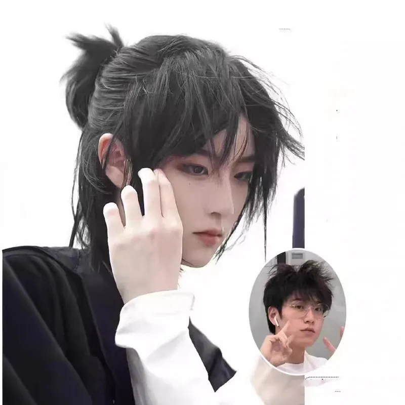 สั้น Mullet หัววิกผมสังเคราะห์ตรงอะนิเมะผู้ชายสีดําสีเทาสีเขียววิกผมสําหรับ Daily Party คอสเพลย์
