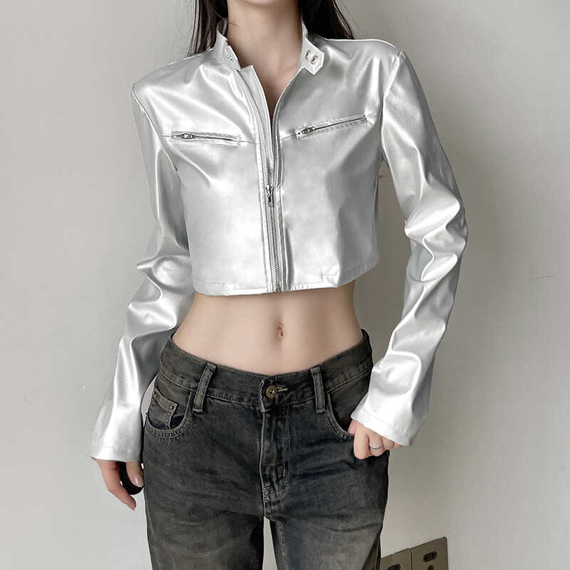 Slish Silver Short Biker Sle Leather Jacket Women Open Cardigan Stand Collar Versatile Dancing Top PU Material Long Sleeve