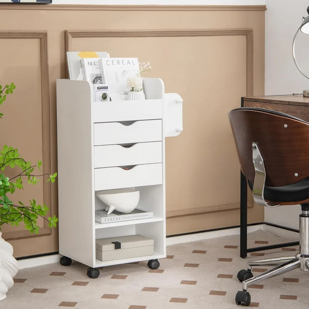 Rolling Storage Drawer Cart, Mobile Storage Cabinet with 3 Drawers, 2 Open Shelves, 2 Dowel Rods, Wooden Craft Organizer