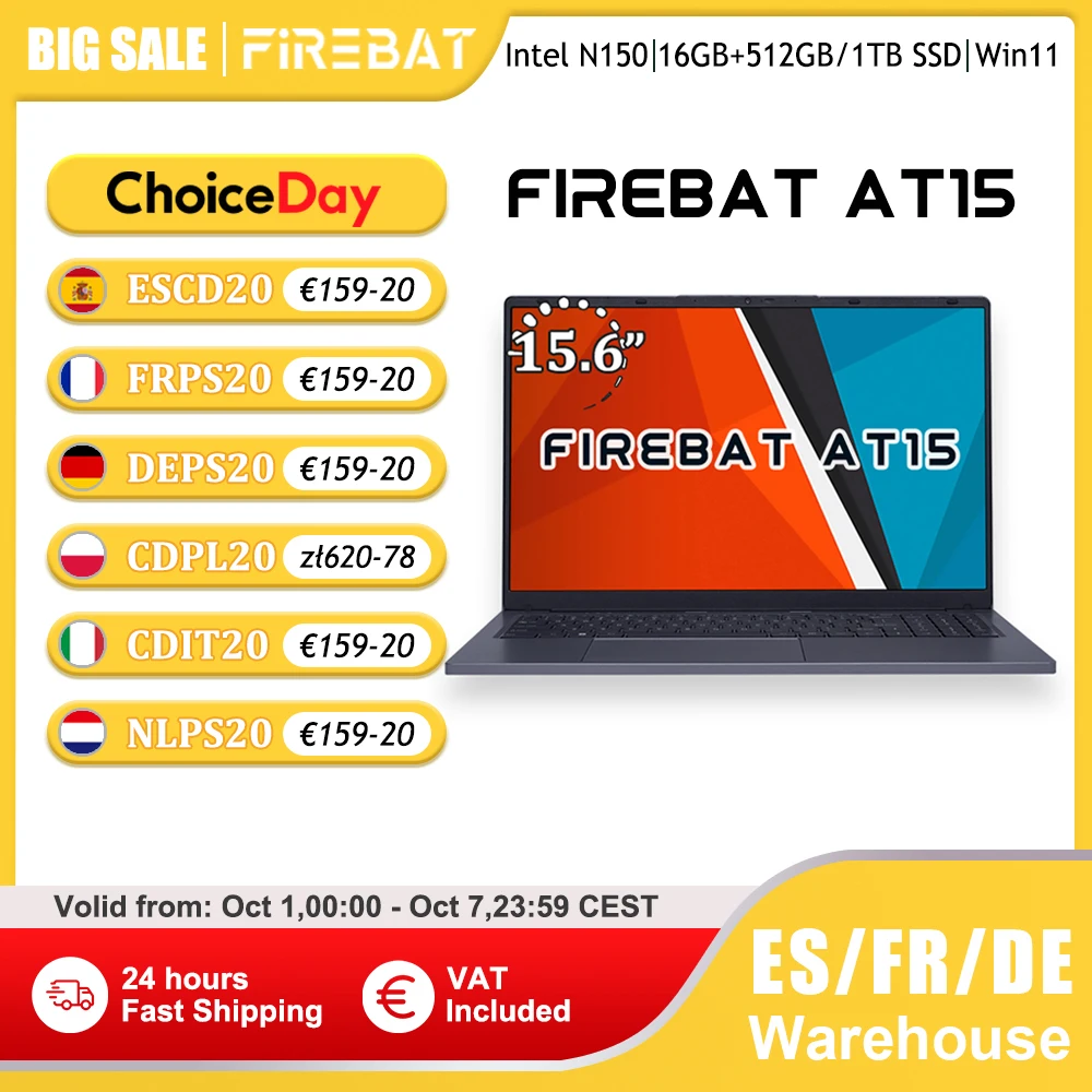 Laptop Firebat AT15 15,6 cala Intel N150 DDR4 16 GB RAM 512 GB 1 TB SSD 1920*1080 Windows 11 Notebook Podświetlana zintegrowana klawiatura numeryczna