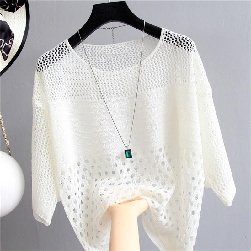 Primavera y novedad de verano, chaleco tejido de seda de hielo, Top calado, parte inferior fina, ropa de calle, ropa para mujer, camisa blanca 13686
