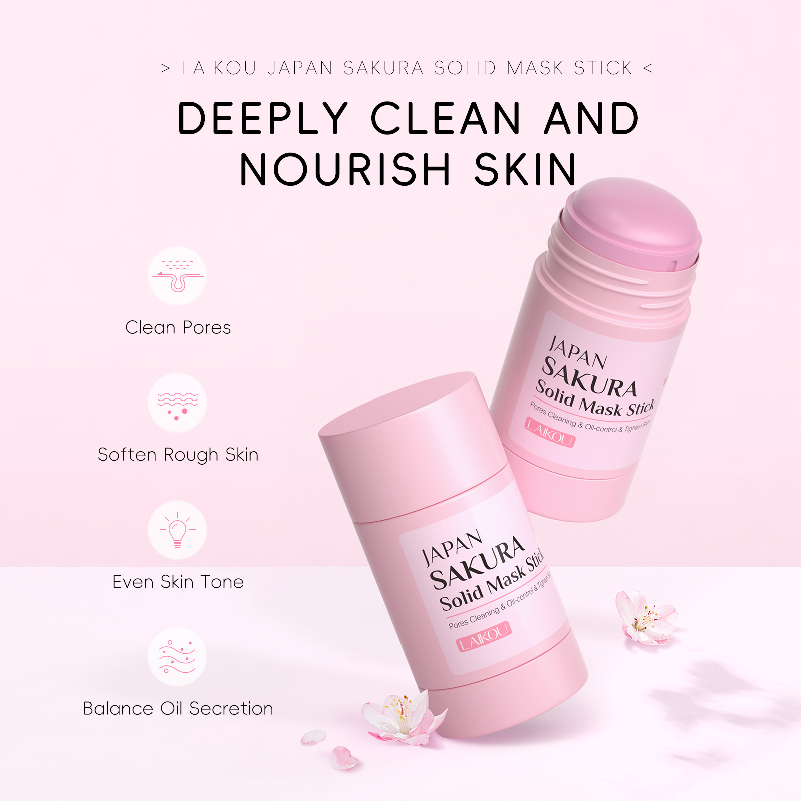 LAlKOU Sakura Solid Mud Face Mask Stick Reduces Blackhead Pores Oil Control Moisturizing Deep Cleanser Facial Face Mask 45g