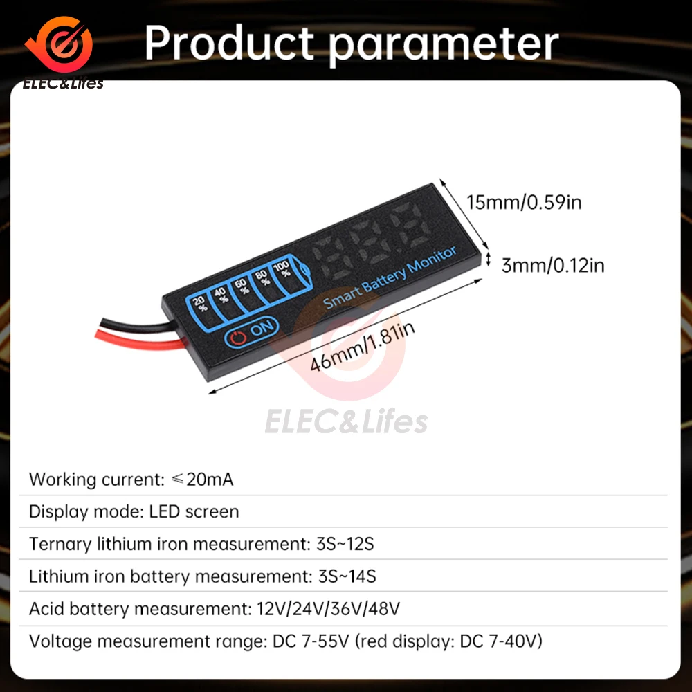 DC 7V-40V 3-14S LED Battery Capacity Indicator Power Display Panel Lithium Lead Acid Battery Capacity Voltage Meter Module