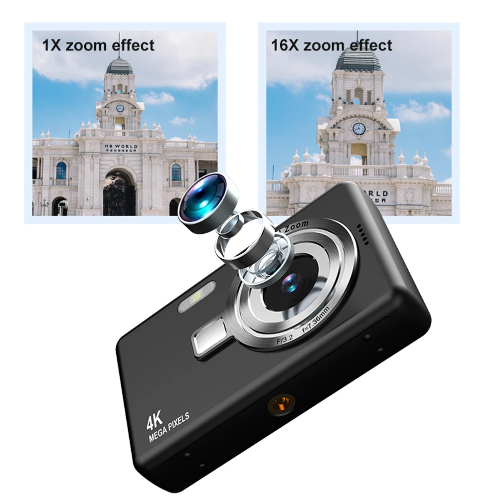 4K HD 1080P Portable Vlogging Camera 16X Zoom Autofocus Vlogging Camera Anti-Shake 2.4 Inch IPS Screen for Photography and Video