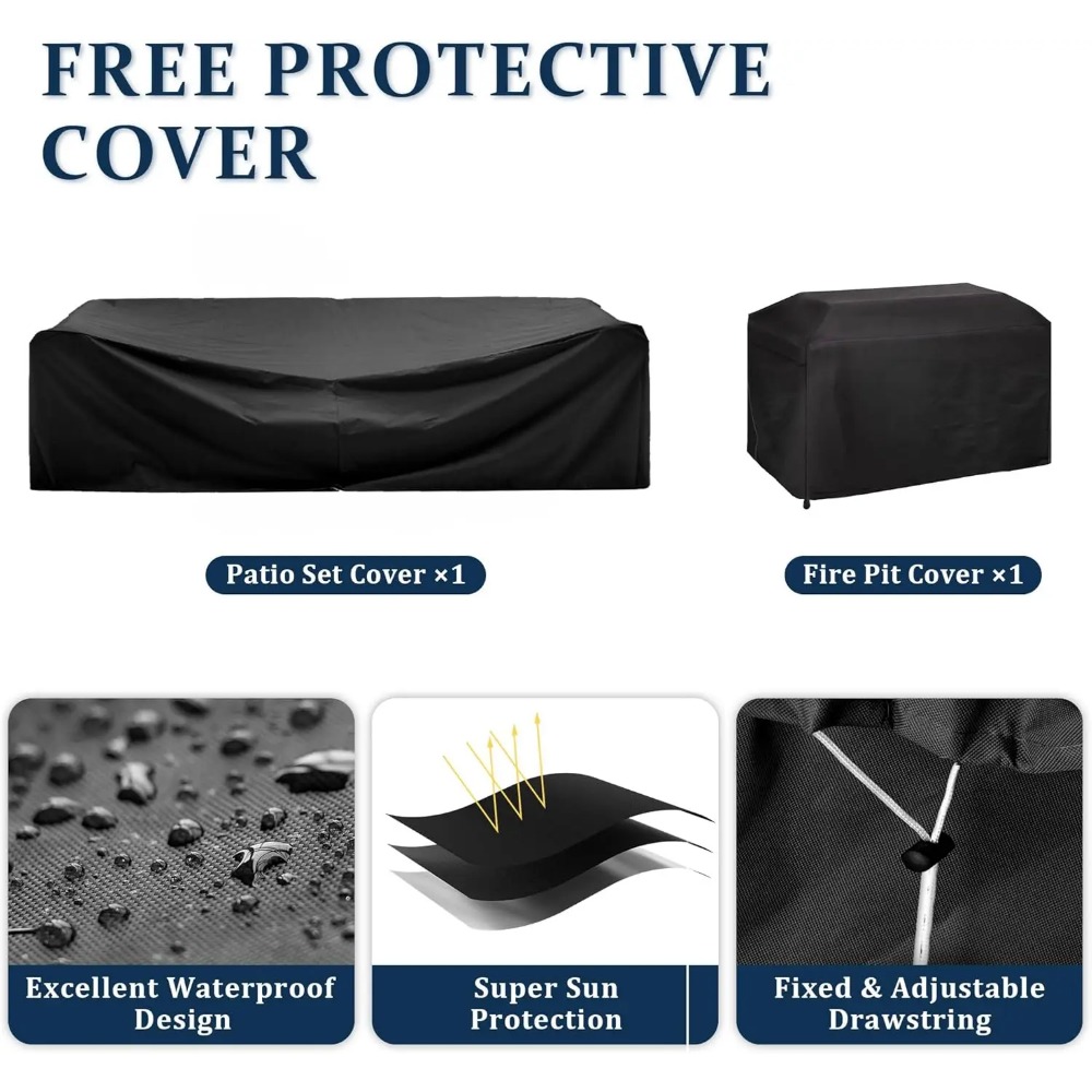 8 Pieces Outdoor Patio Furniture Set with 44" Fire Pit Table Rattan Sectional Conversation Sets w/Gas Fire Pit