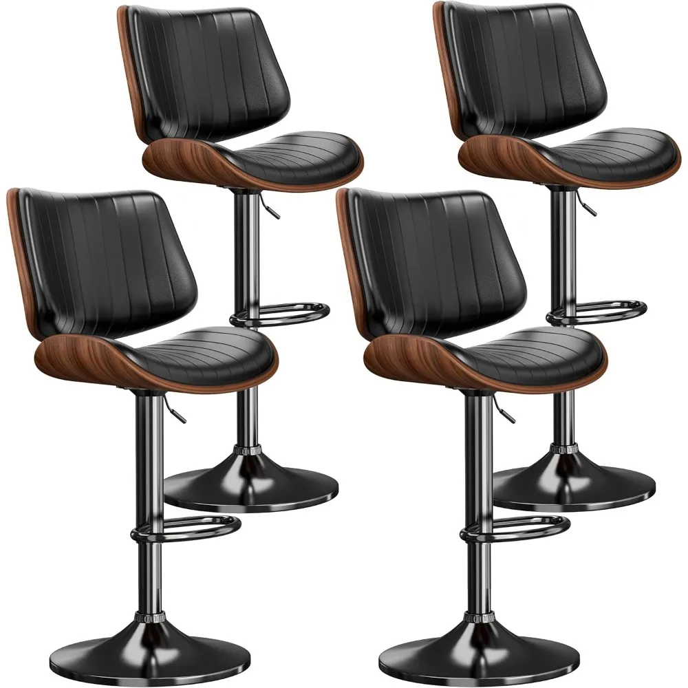 Swivel Bar Stools Set of 4, Adjustable Bentwood Barstools for Kitchen Counter, Modern PU Leather Upholstered Bar Chair