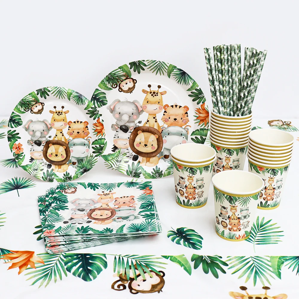 Decoraciones de cumpleaños de Safari en la jungla, vajilla desechable de animales, bosque, Baby Shower, niño 1, 2, 3, 4, 5, suministros para fiesta de cumpleaños