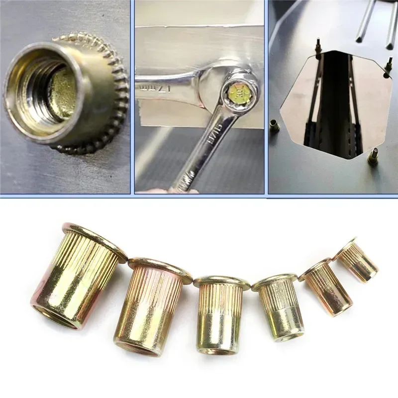 210/165/100PCS Box Nietmuttern Kohlenstoffstahl M4 M5 M6 M8 M10 M12 Flachkopf Nietmuttern Set Hardware Multi Größen Einsatz Nietmuttern