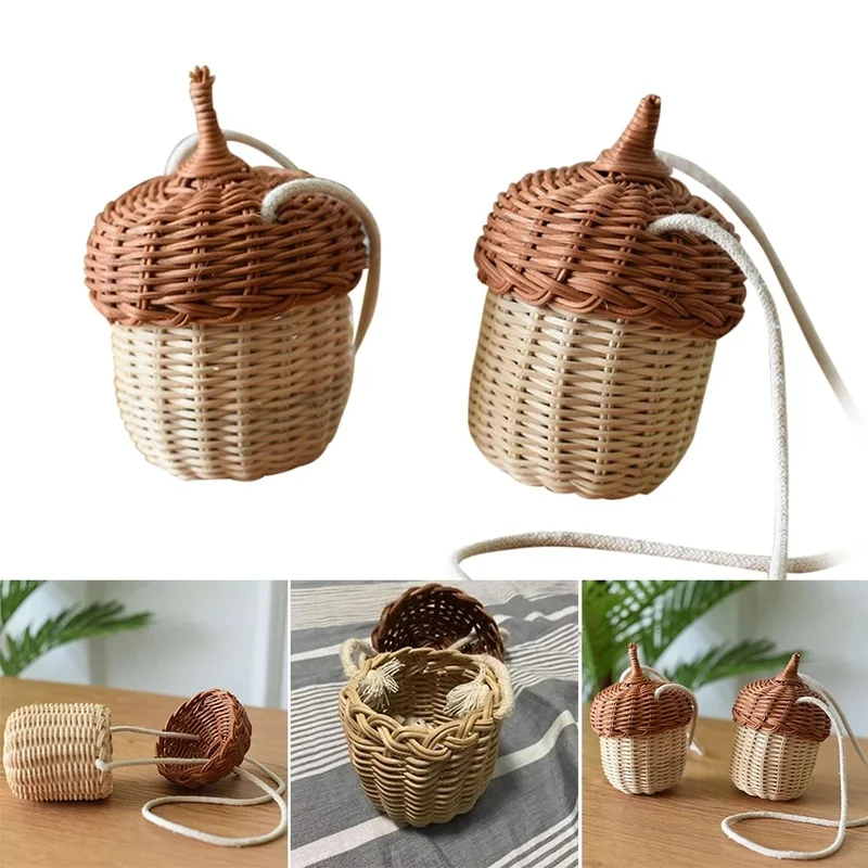 Neuer eichelförmiger Aufbewahrungskorb, handgewebt, rund, Rattan-Tasche, Eimer, tropischer Strandstil, gewebte Umhängetasche, Foto-Requisiten