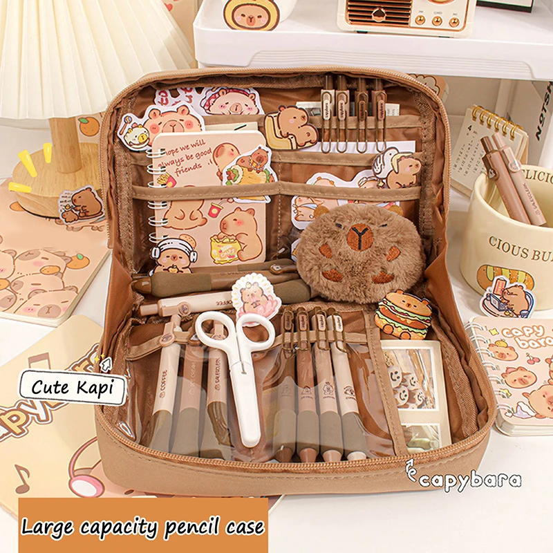 Capybara Kawaii de gran capacidad, bolsa de papelería separada de múltiples capas, estuche para lápices, bolsa de cosméticos, suministros de oficina escolar, papelería